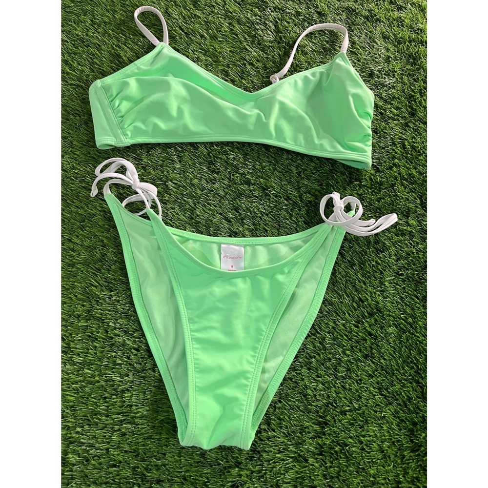 Xhilaration Neon Mint Green White Trim Bralette Bikini Set Two Piece Swimsuit M